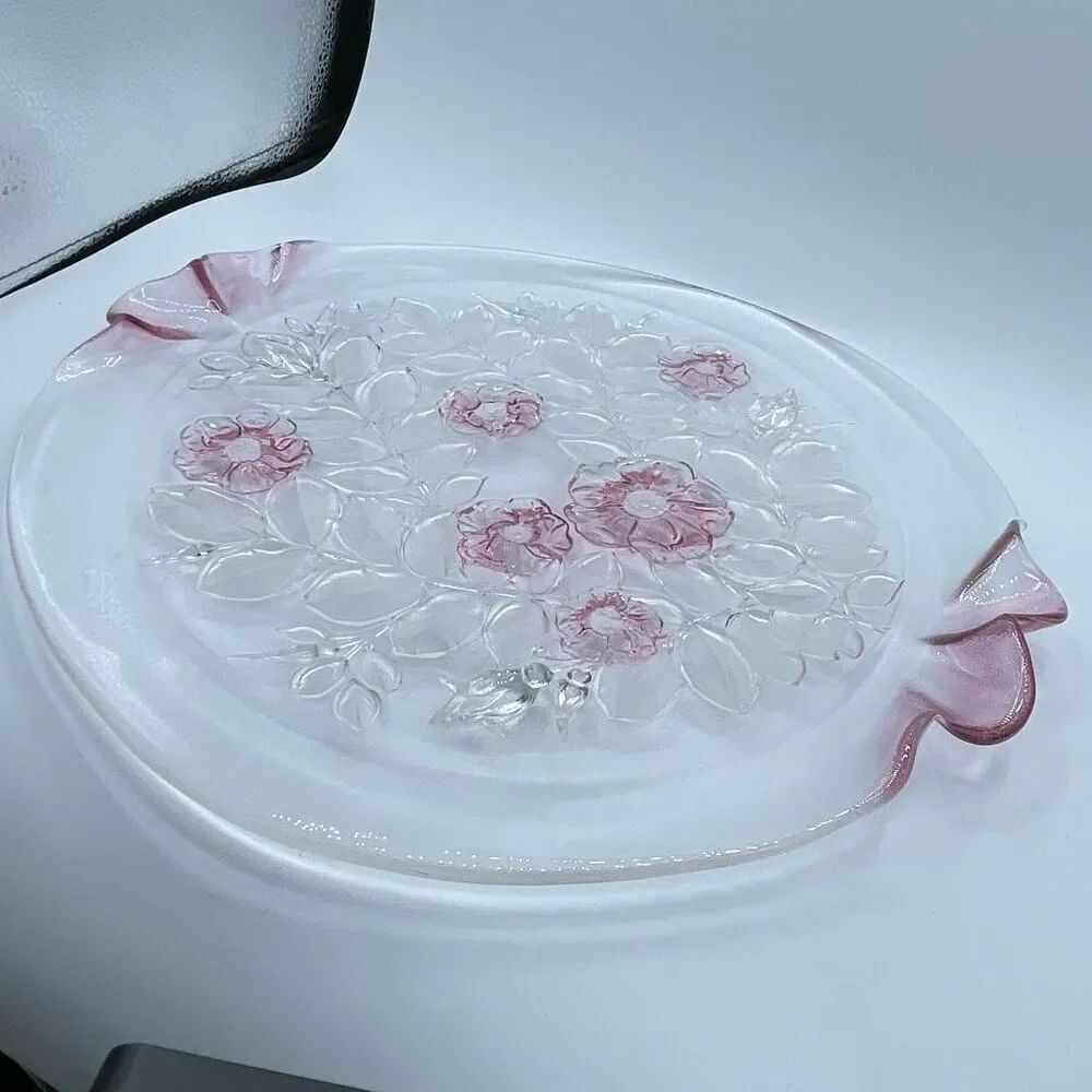 Mikasa Rosella crystal glass platter. 14.5” Frosted glass embossed pink floral.